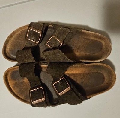 Birkenstock Women's Green Suede Slide Sandals Double Strap Buckle Cork Insole