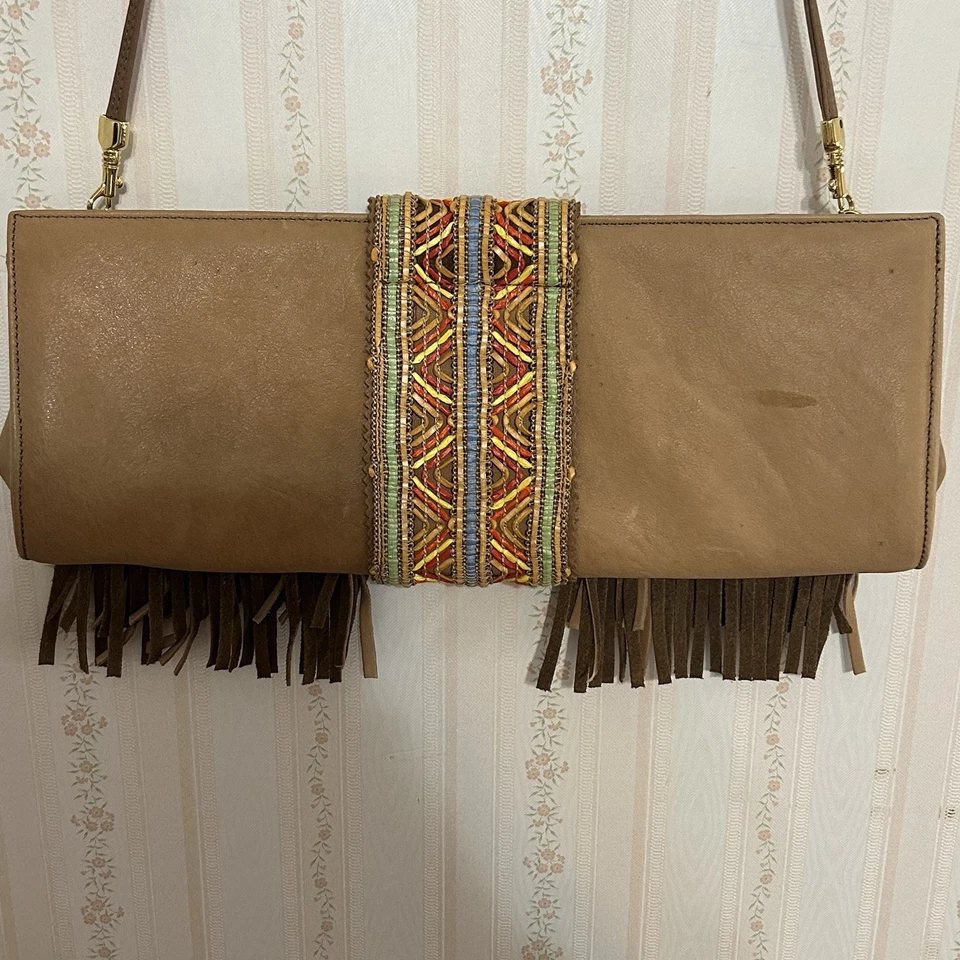 Vintage Just Cavalli Beige Leather Fringes Flap Top Evening Clutch Or Strap Bag - Image 3 of 4