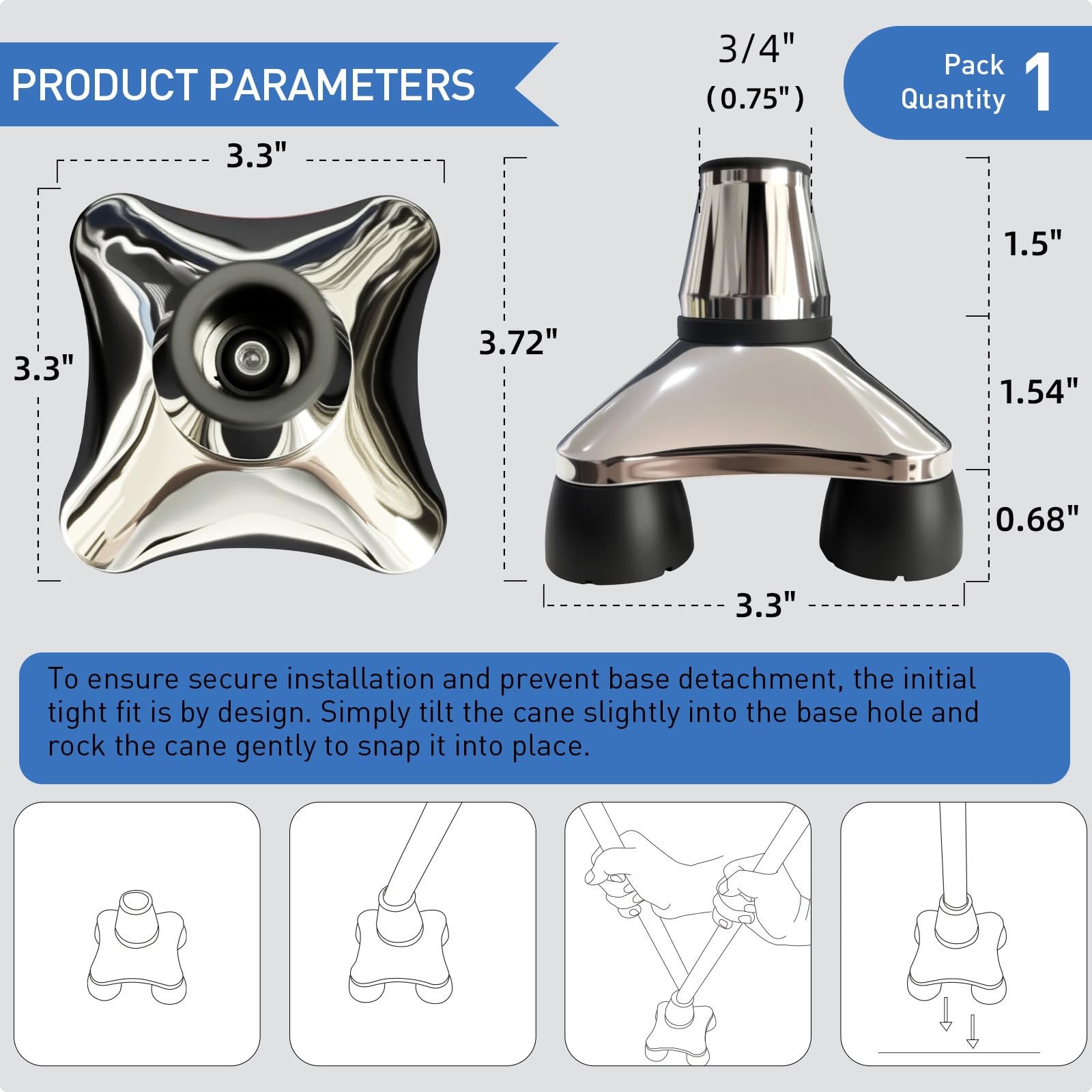 Cane Tips 3/4 inch All Terrain Self Standing Heavy Duty Quad Base with 360° P...