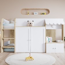 Loft Bed 3ft Kids High Sleeper Single Bed with Under-Bed Storage Cabinet, White
