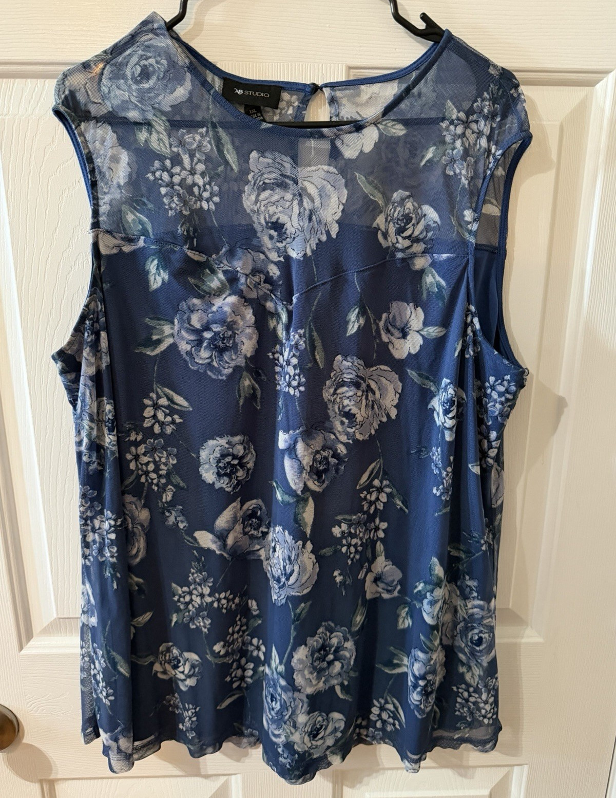 AB Studio Womens XXL Blue Floral Mesh Sheer Round Neck Keyhole Sleeveless Blouse