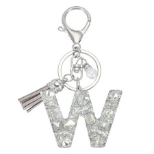 Initial Letter Keychain with Tassel, Alphabet Letter W Keyring, Silver