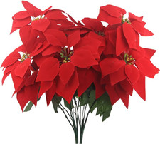 2 Pcs Artificial Christmas Flowers - Red 5 Heads Silk Poinsettia Bouquet