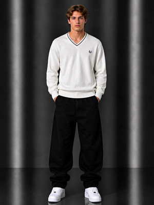 Fred Perry Sweater Weiß Herren V-Ausschnitt Pullover Langarm mit Logo