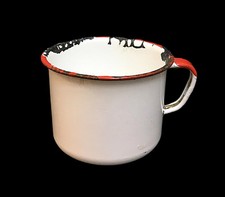 Metal White Enamel Coffee Mug Camping Cup With Red Trim Vintage