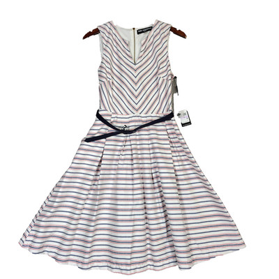 Karl Lagerfeld Dress Women's 6 White Blue Striped A-Line Belted 4th of July NWT