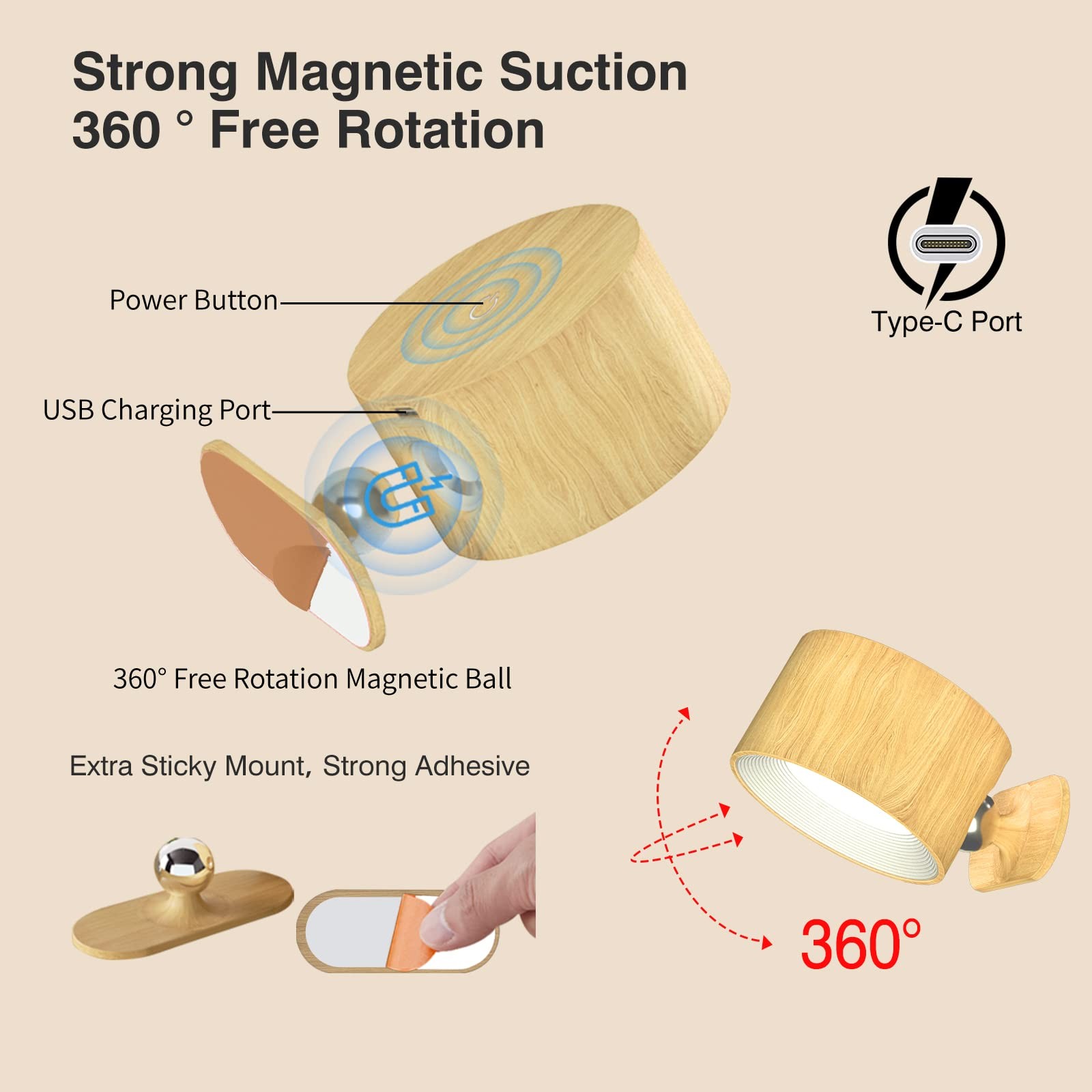 LED Wall Sconce, Wall Mounted Lamp with Rechargeable Battery Operated USB Por...