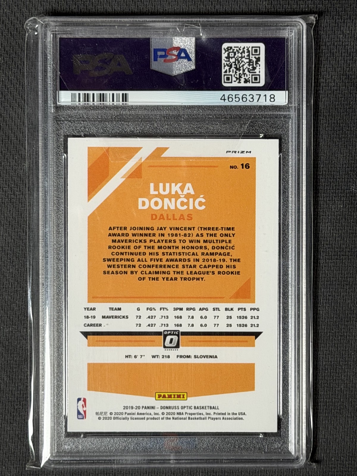 2019-20 Donruss Optic #16 Luka Doncic Holo PSA 9 view 2
