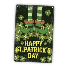 Happy St. Patrick  s Day Metal Tin Sign, Shamrock Decor with Leprechaun Shoes,