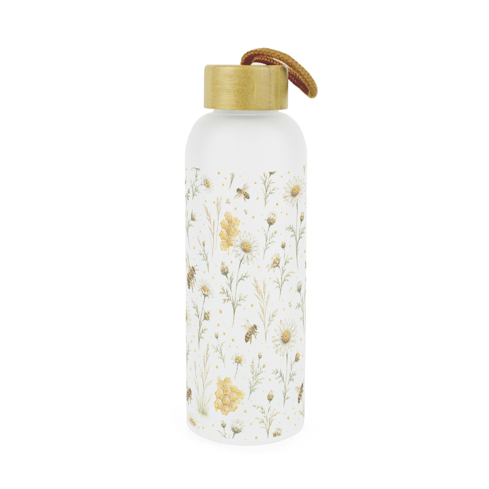 Bee Meadow Frosted Glass Water Bottle with Wooden Lid, Reusable Drinkware Gift