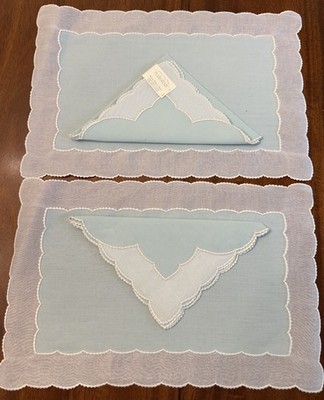 Vintage Marghab Madeira Teal Linen Organdy Scallop Placemats Napkins Set 4 pcs.