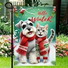 Winter Dog Cat Garden Flag 12X18 Inch Miniature Schnauzer Tabby Scene Hello Wint