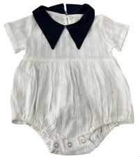 Vintage Romper Size 6M Navy White Cotton Short Sleeve Snap Closure Baby Layette