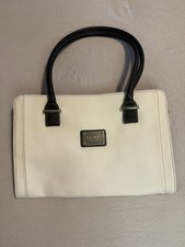Nine West Women White Black Structured Satchel Top Handle Bag Zipper Logo Plaque
