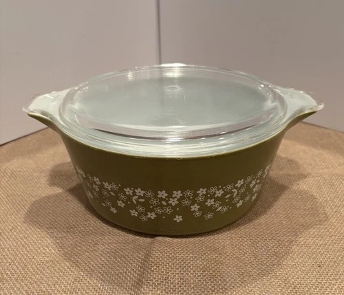 Vintage Pyrex 475-B Crazy Daisy Spring Blossom Green Casserole Dish w/ Lid 2.5QT