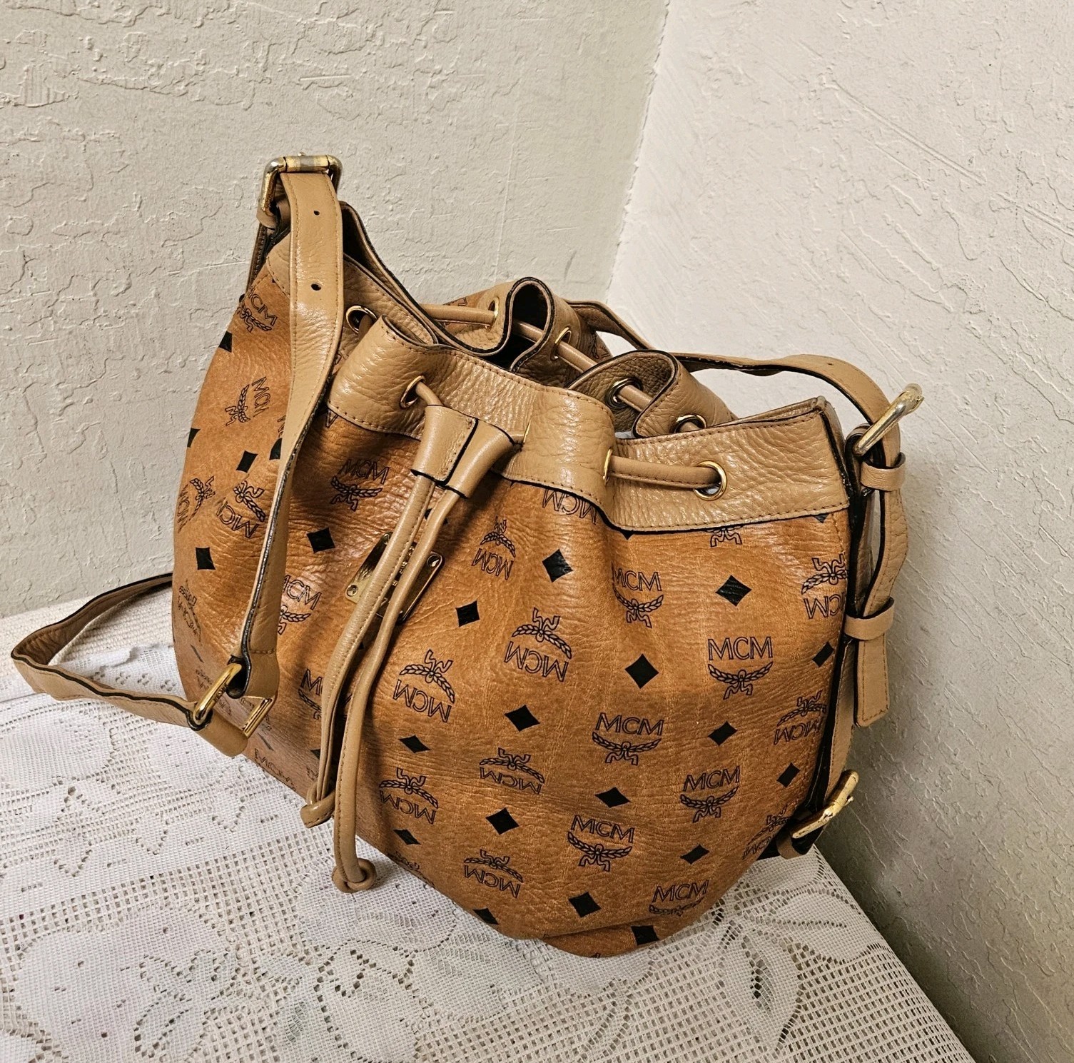 MCM Cognac Medium Drawstring Bucket Shoulder Bag … - image 20