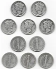 5 different Mercury dimes 10 cents 10c very good G-VG 1939 1942 1943-D 1944 1945