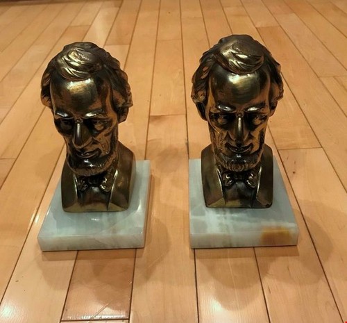 Vinatge BRASS on Marble/Onyx BOOKENDS - Abraham Lincoln Bust