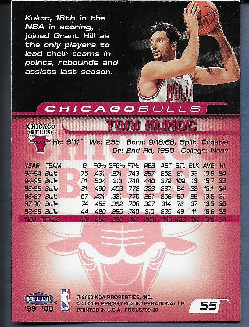 1999-00 Fleer Focus Chicago Bulls Basketball Card #55 Toni Kukoc 