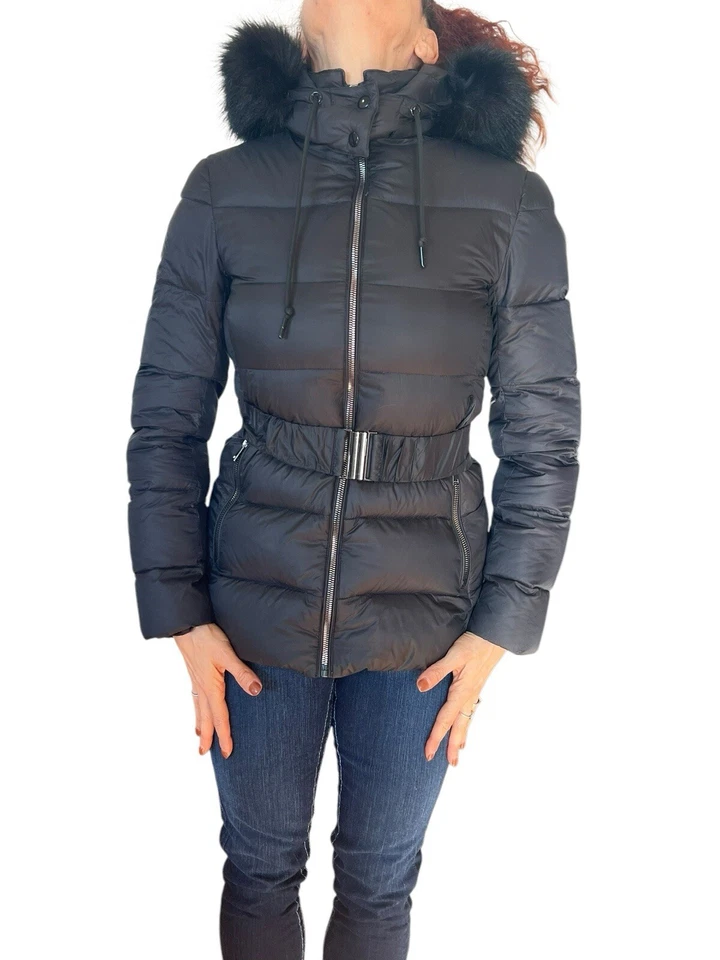 Chaqueta Abrigo Zara 2969/301 Para Mujer Negro Abajo Cinturón Puffer Imitación Piel Borde Capucha Foto 2 de 4