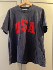 College Ware U-S-A L Made In USA Navy T-Shirt Vintage 90s Vtg Single Stitch Y2K