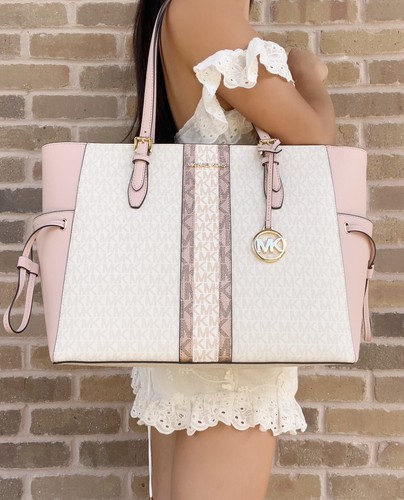 Michael Kors Gilly Large Top Zip Tote Powder Blush Pink Stripe Vanilla MK  196163435404 | eBay