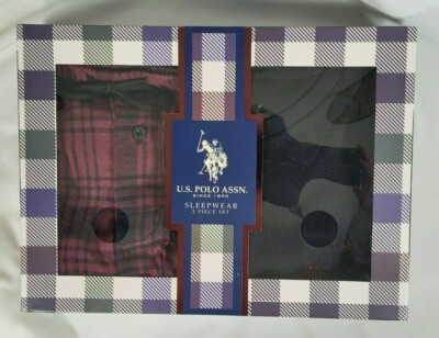 US Polo Assn Pc PJs M Black Thermal Crew Top, Red Plaid Flannel Bottom  w/Logo