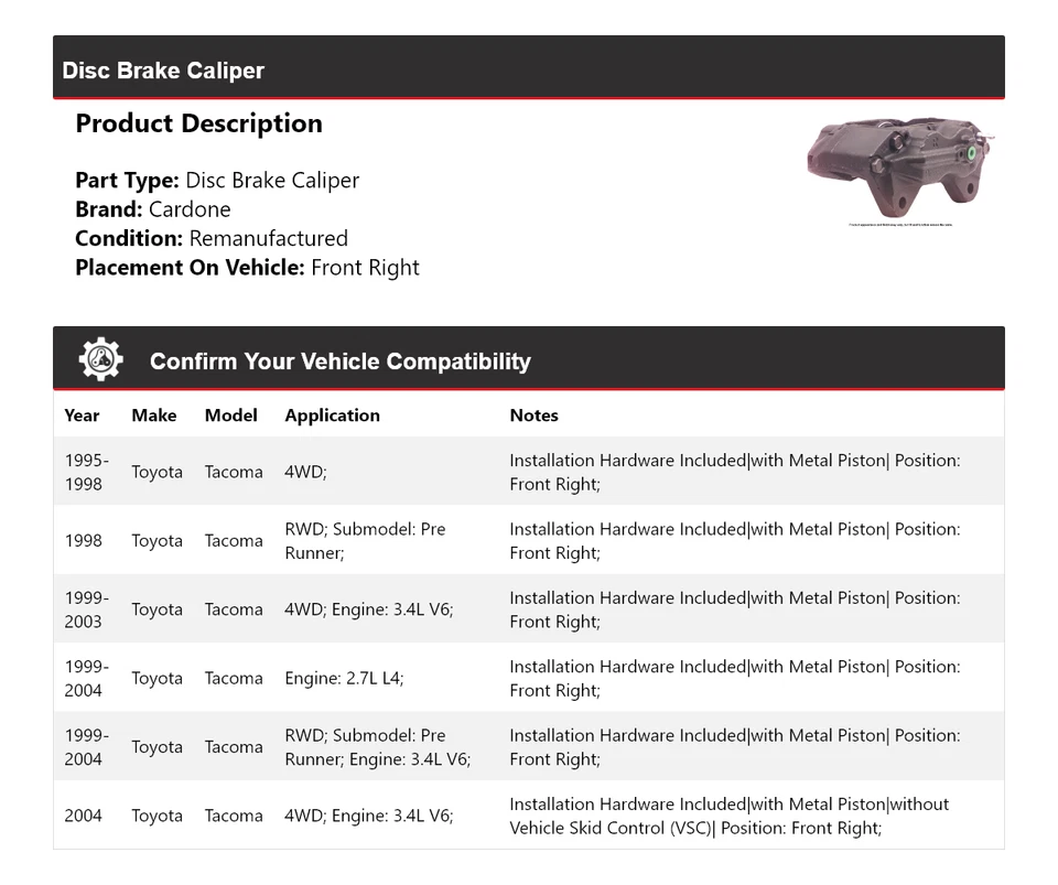 Pinza de freno de disco delantera derecha cardone 1996 1997 para Toyota Tacoma 1995-2004 Foto 2 de 4