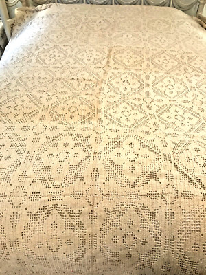 Crocheted Cream Bedspread Coverlet HM French Farmhouse Chic 70x100 Full Vintage