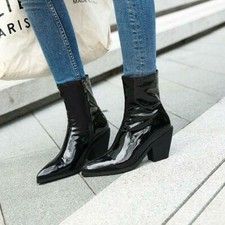 Women's Shiny Leather Ankle Boots Dress Shoes Block Heel Formal Office Lady 2025