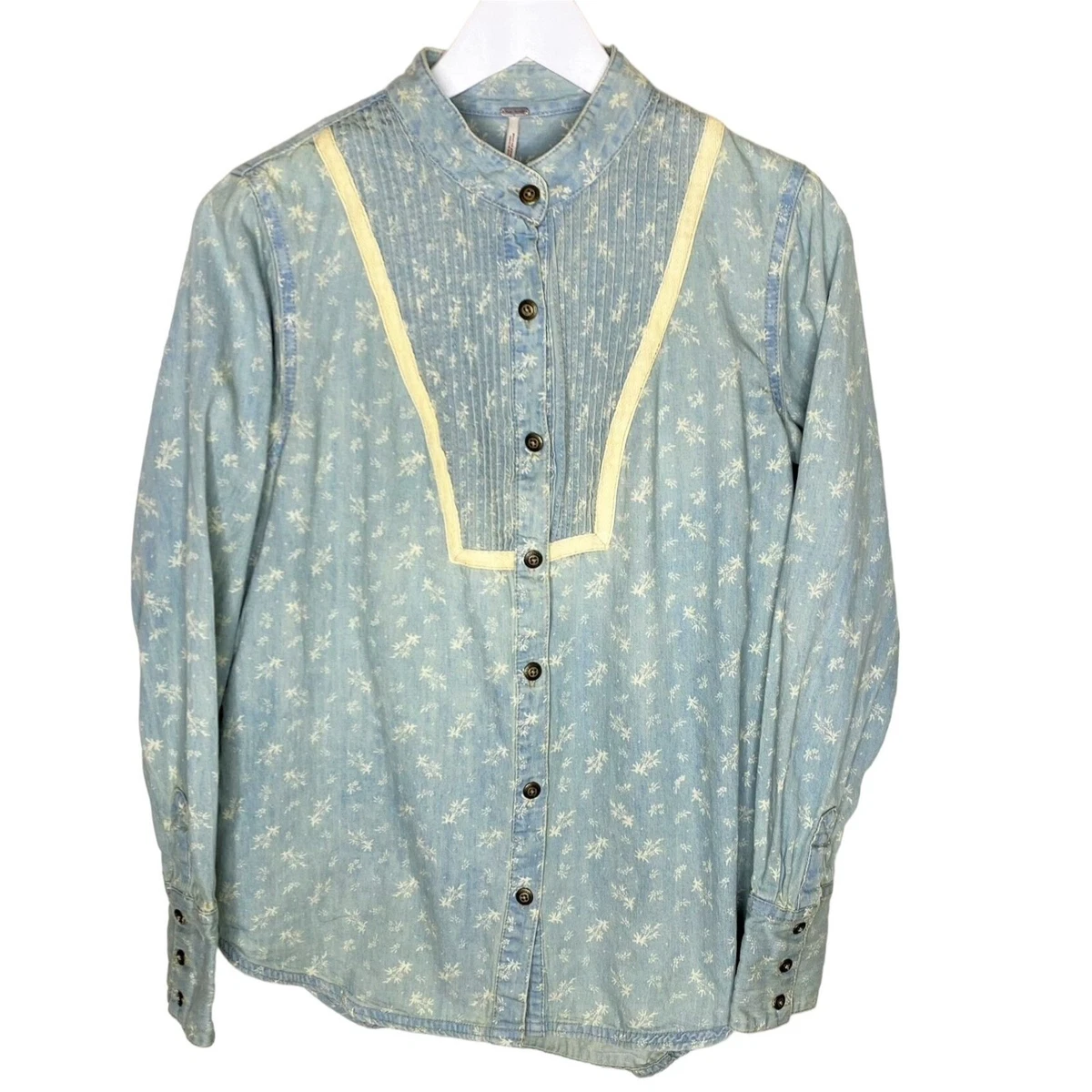 Free People Distressed Denim Shirt, Floral Pattern, Pintuck, Band Collar, Small
