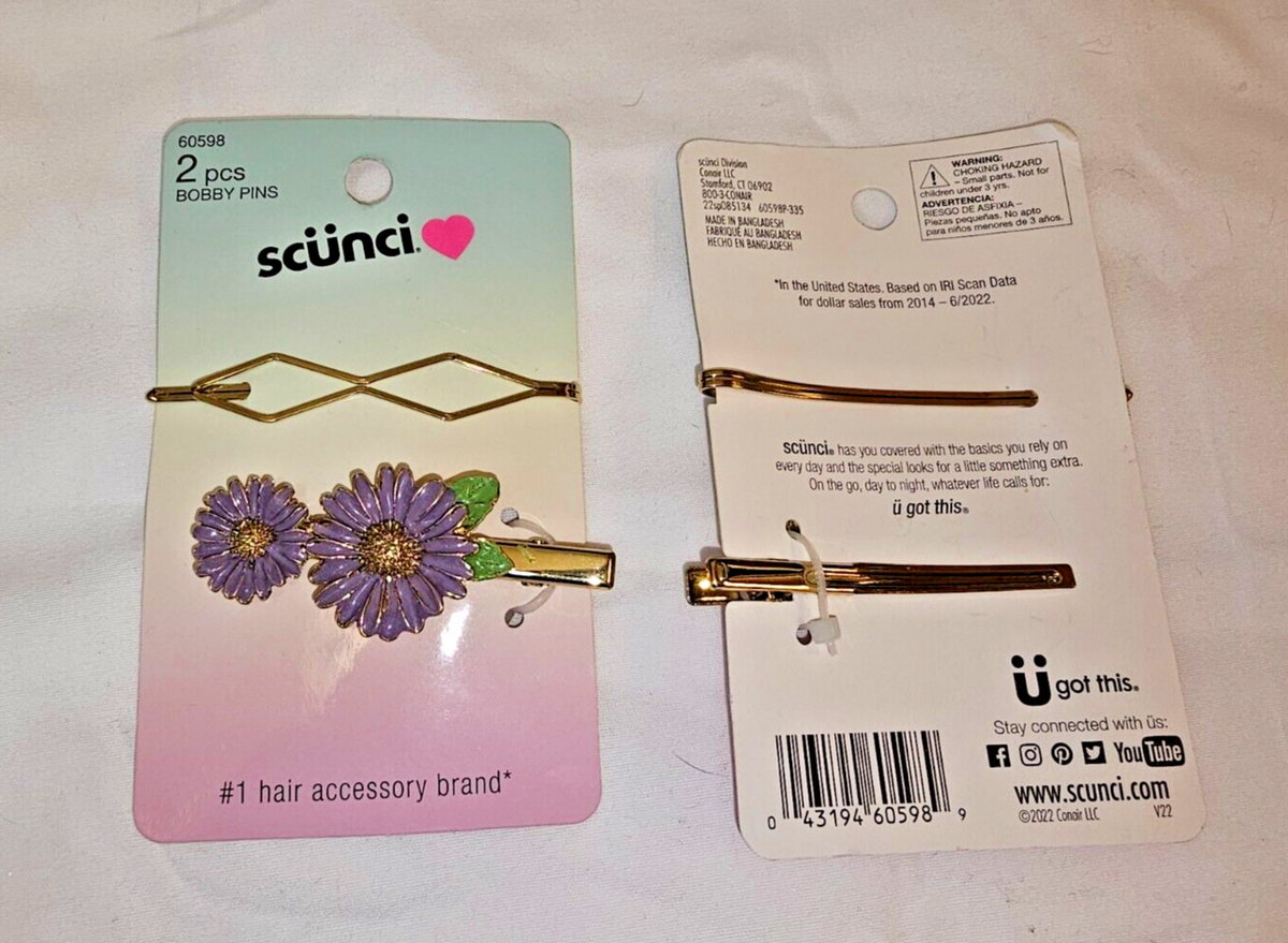 invent Scunci 4 Piece 2 Packs Bobby Pins Purple Flowers & Diamond Shape