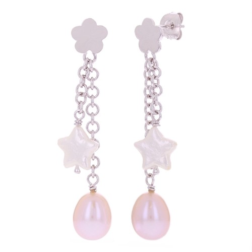 Sterling Silver Round & Star Freshwater Pearl Flower Dangle Earrings