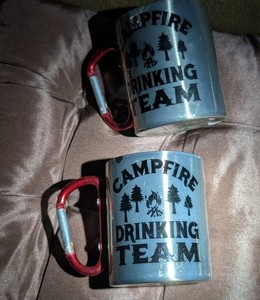 Set Of Two Campfire Drinking Team Mugs, Stainless Steel, Red Caribbeaner Handle