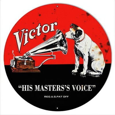 RCA VICTOR PLAYER NIPPER THE DOG HEAVY DUTY USA AGED 14'' ROUND METAL ADV SIGN