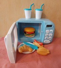 Pretend Kids Toy Microwave Oven Food Utensils Plate Cups Beep Sounds Tested EUC