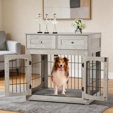 40 in Grey Wooden End Table Dog Kennel Dog Crate Furniture with Double Drawers