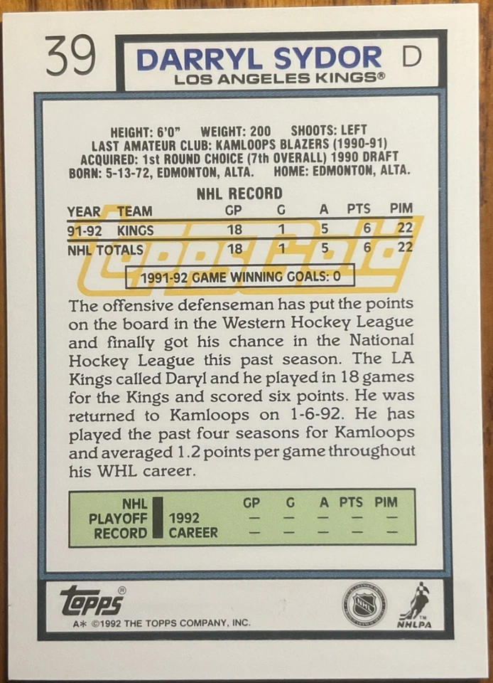 1992-93 Topps Gold Darryl Sydor #39 Los Angeles Kings - Image 2 of 2