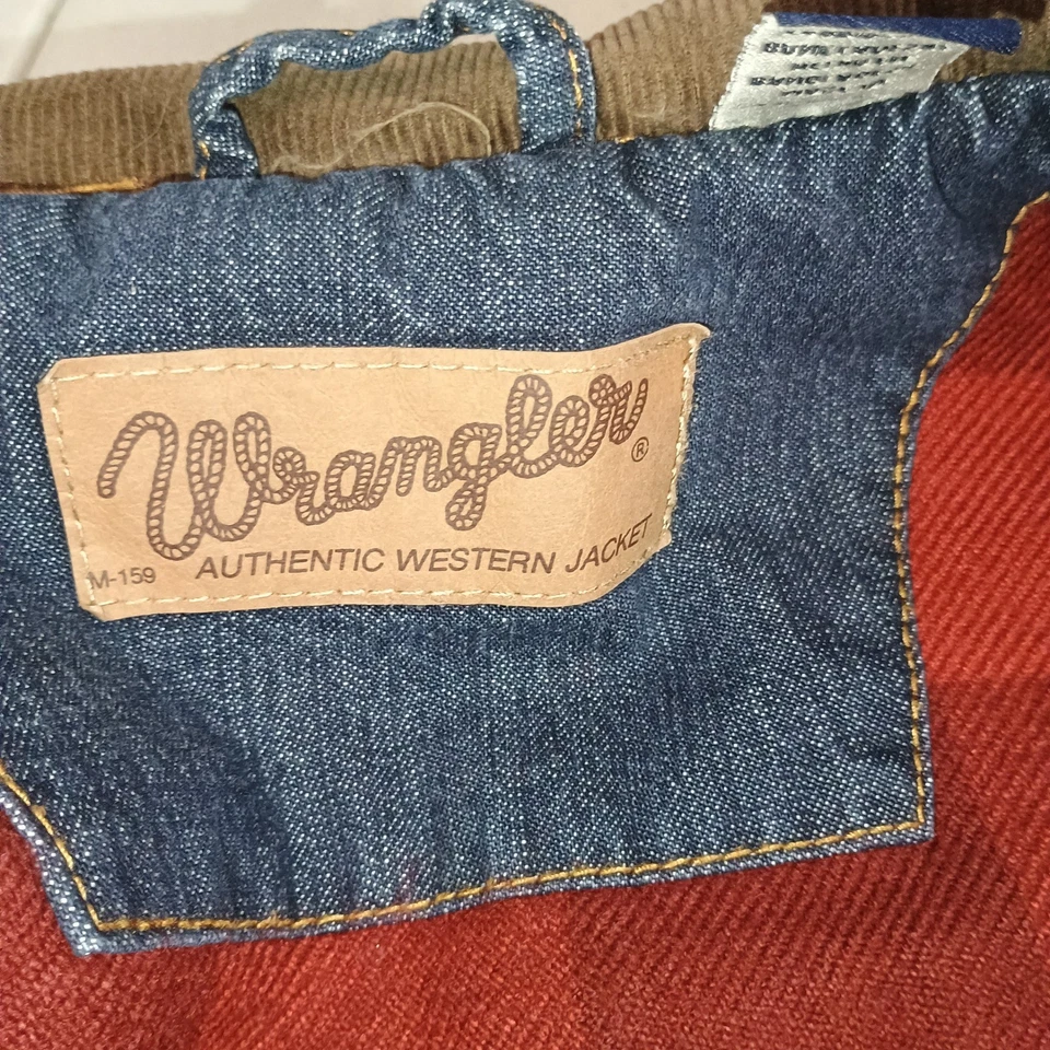 Wrangler Kids Western Denim Jacket Corduroy Collar Red Plaid Lined M 159 - Image 3 of 4