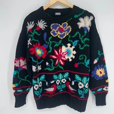 Vintage Hand Knit Jane Hart Folk Art Cottage Core Sweater L Colorful Bird Floral