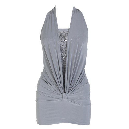 LADIES MINI SEQUIN HALTERNECK WOMENS PARTY DRESS TOP SIZE 8-16 - Picture 6 of 16