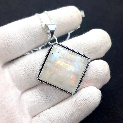925 Sterling Silver Blue Fire Rainbow Moonstone Gemstone Pendant Jewelry - Picture 3 of 6