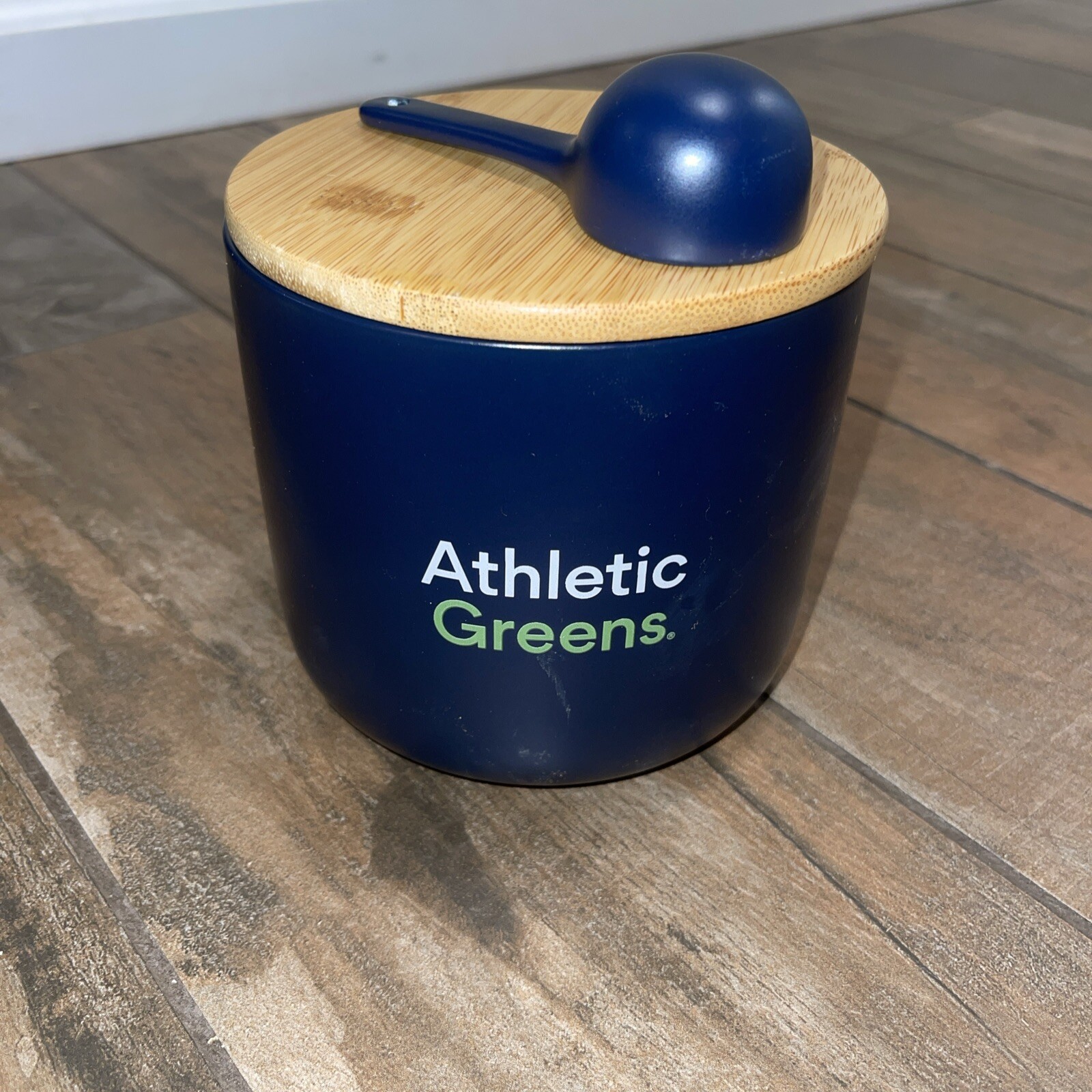 Athletic Greens AG1 Blue Ceramic Canister Jar Bamboo Lid w Scoop Spoon