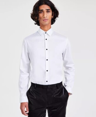17.5 dress shirt Mens Slim Fit White & Blue Textured Stripe Spread Collar Cotton Dress Shirt, 17 / 32/33
