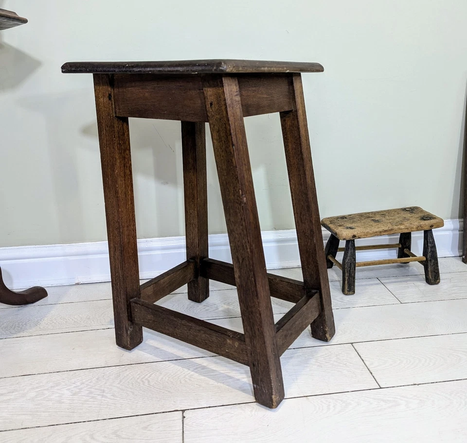 Antique Oak Laboratory Artists Stool Kitchen Solid Angular Hard Wood Design Post - Image 3 of 4