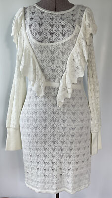 Zara Basic Women's Long Sleeve Crochet Shift Dress Cotton Cream Size Small