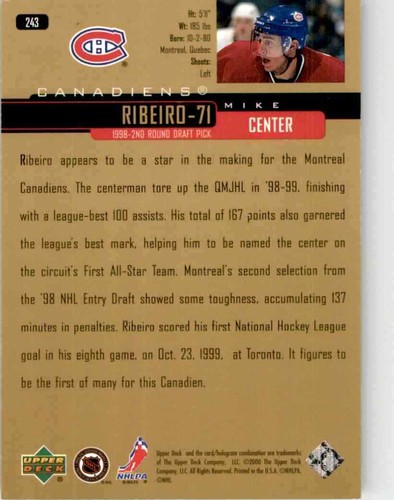 1999-00 Upper Deck Gold Reserve Mike Ribeiro #243 - Picture 2 of 2