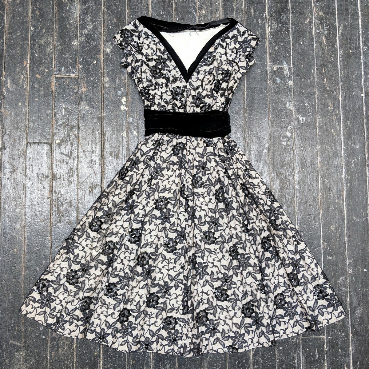 VTG 50s JOHN DOYLE BISHOP Seattle Black Lace Sequin A-Line Party Dance  Dress XXS