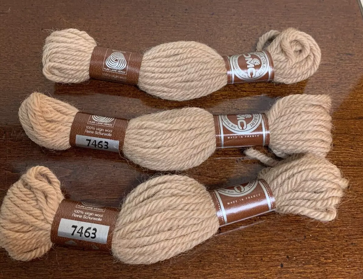 3 Skeins - DMC Laine Tapestry Yarn 100% Virgin Wool Light Brown Color 7463