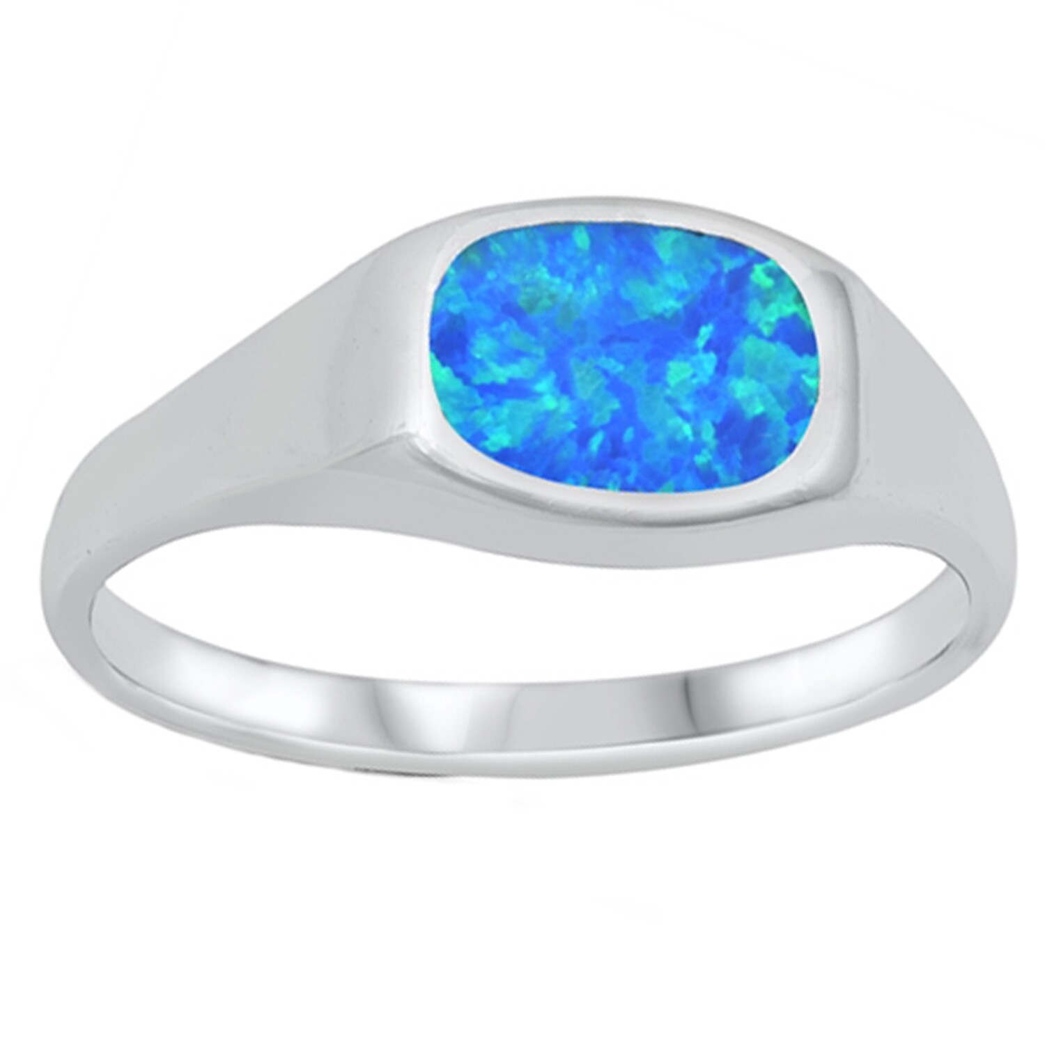 Signet Ring Lab Created Blue Opal 925 Sterling Silver 7mm Size 5-10